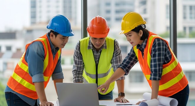 Construction team reviewing blueprints and laptop, collaborating on project.