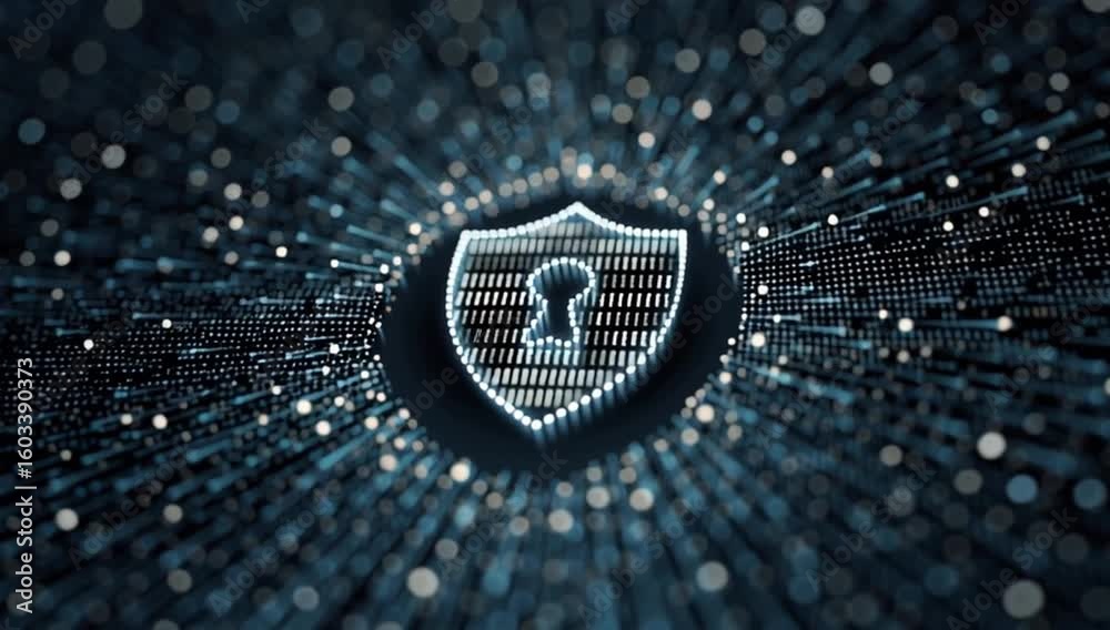 Poster a digital shield with a keyhole icon floating in the center, surrounded by binary code and a dark ba