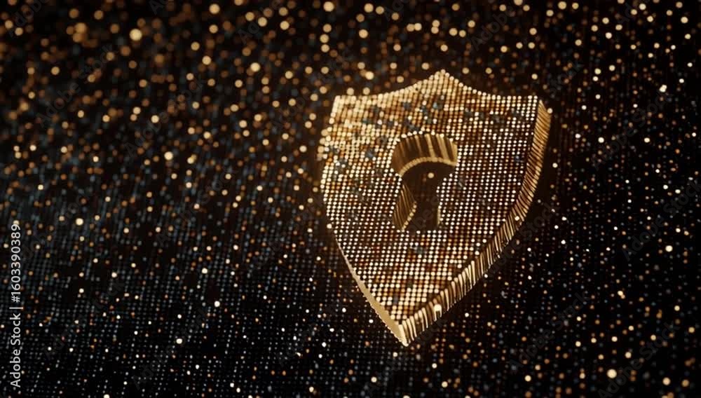 Poster a digital shield with a keyhole icon, surrounded by binary code and glowing particles on a dark back