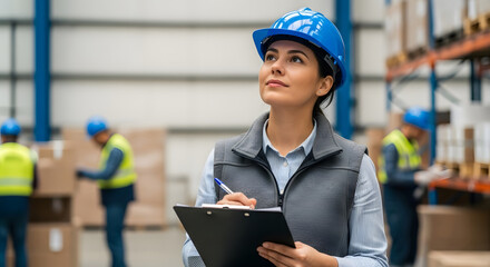 A female warehouse worker in a hard hat inspects the inventory, looking upwards.