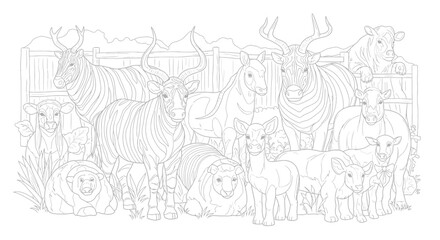 Obraz premium Drawing to paint farm animals coloring page for kids and adults featuring cows zebras sheep and deer detailed line art vector