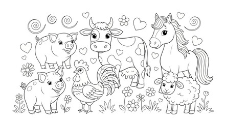 Drawing to paint farm animals coloring page printable for kids activity sheet with cow pig horse sheep rooster fun vector