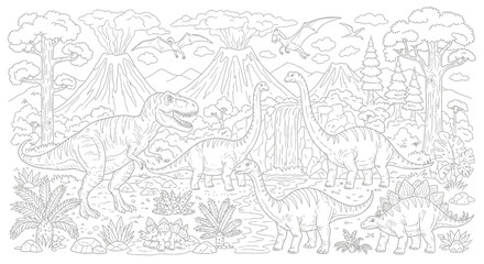 Fototapeta premium Drawing to paint dinosaur coloring page for kids and adults featuring t rex stegosaurus and long neck dinosaurs in jurassic park vector