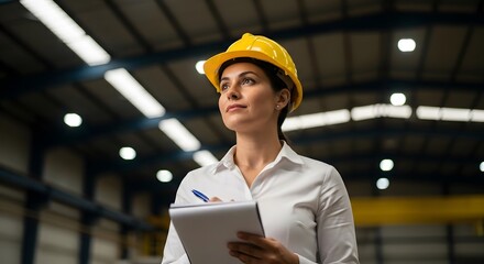 A female engineer in a yellow hard hat stands in a warehouse, holding a clipboard and pen, looking thoughtfully ahead.