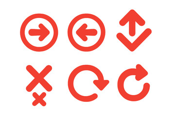 Red bold arrow icons: broken downward, spiral, cross, multi-directional, looping, and diagonal rounded. Solid style, no text, transparent background.