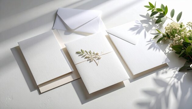 Elegant white cards and envelopes arranged with delicate botanical accents create a sophisticated and inviting scene, perfect for wedding invitations or stationery mockups.