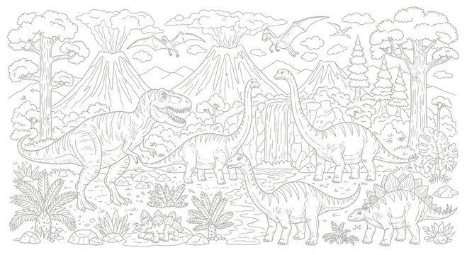 Drawing to paint dinosaur coloring page for kids and adults featuring t rex stegosaurus and long neck dinosaurs in jurassic park vector