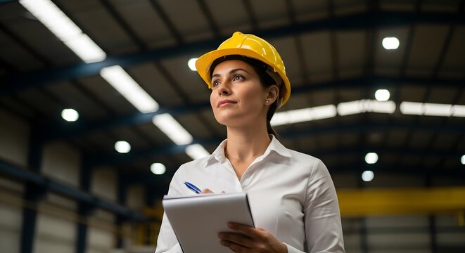 A female engineer in a yellow hard hat stands in a warehouse, holding a clipboard and pen, looking thoughtfully ahead.