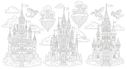 Drawing to paint fantasy castle coloring page with dragons and floating islands detailed line art for kids and adults fun activity vector