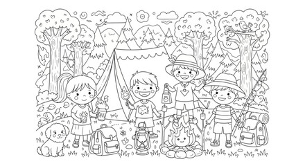 Obraz premium Drawing to paint camping coloring page for kids with tent campfire marshmallows and friends enjoying outdoor adventure activity vector