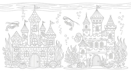 Drawing to paint underwater coloring page with sea castles, shrimp and shells for kids and adults to print and color free vector