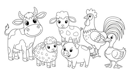 Obraz premium Drawing to paint farm animals coloring page for kids, cow, sheep, pig, rooster and duck outline illustration for children vector