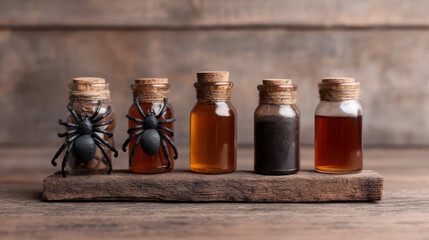Small glass bottles filled with various liquids and powders, some adorned with plastic spiders, arranged on a wooden holder against a rustic background.