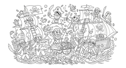 Fototapeta premium Drawing to paint pirate ship coloring page with treasure chest and pirates for kids and adults to print and color fun activity vector