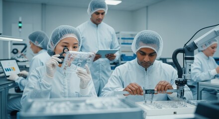 Team of technicians ensuring precision and compliance in plastic surgical kit manufacturing.