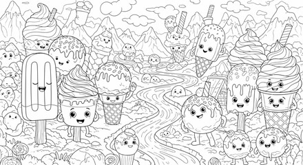 Obraz premium Drawing to paint cute ice cream coloring page for kids and adults with fun dessert characters and mountain landscape vector