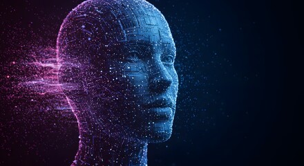 Digital Human: An artistic portrayal of a digital human, rendered with intricate detail and a striking contrast of colors. This image invites viewers to explore themes of technology, data.