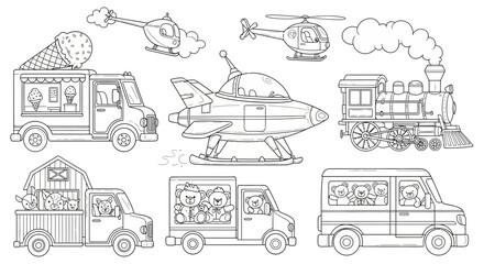 Naklejka premium Drawing to paint coloring page of transportation vehicles including trucks helicopters train and spaceship for kids activity fun vector