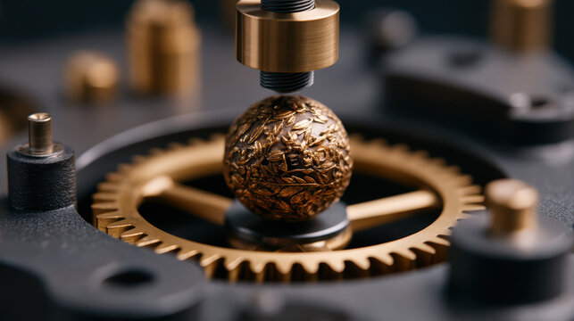 A close-up of a detailed mechanical gear system with a textured metallic sphere and interlocking gold and black components. - Powered by Adobe