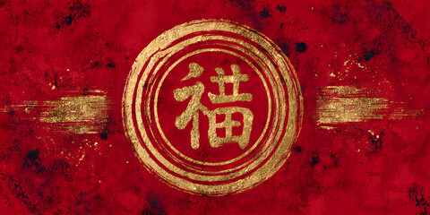 The background texture features a seal character, set within a red and gold brush stroke frame, creating a vibrant and visually appealing design element.