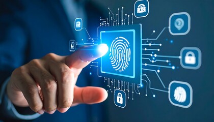Businessman interacting with a digital fingerprint interface