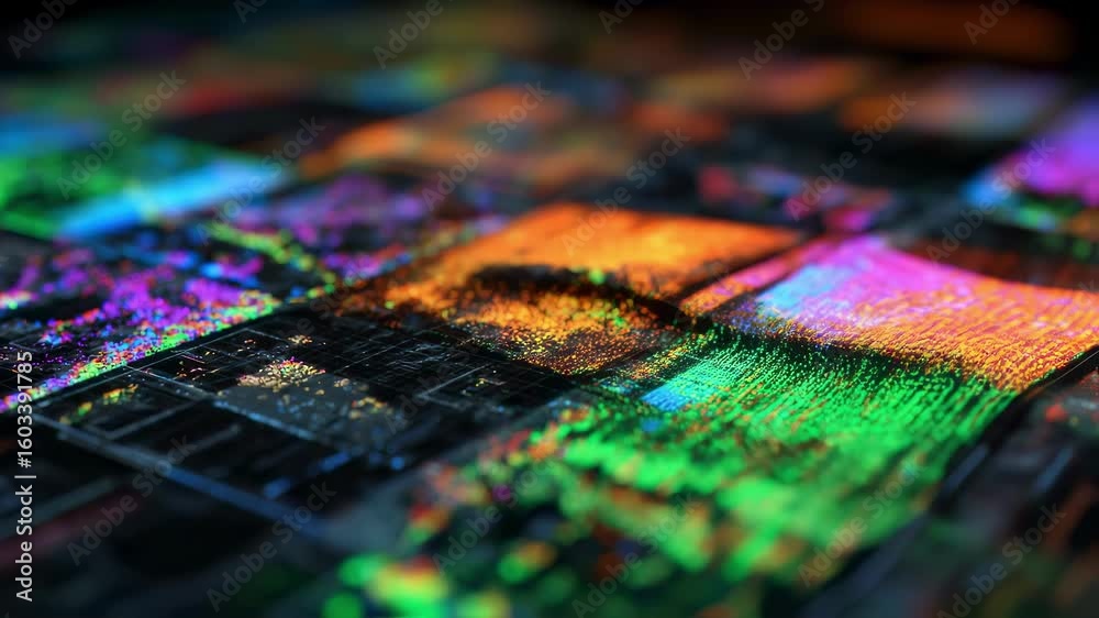 Poster multiple quantum computing processors are glowing with vibrant colors, representing advanced technol