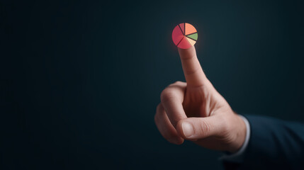 A person"s hand points with their index finger, balancing a small, colorful pie chart on the fingertip against a dark background.