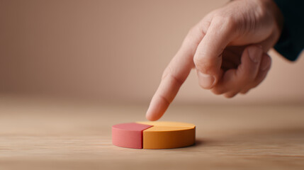 A hand is about to press the smaller red segment of a two-part circular pie chart on a wooden surface.