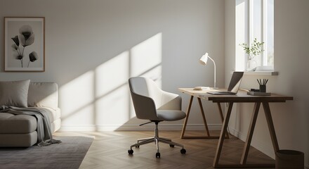 Serene Home Office: An inviting home office bathed in natural light. Features a desk with laptop, chair, and a comfortable seating area. The room exudes tranquility and productive atmosphere.