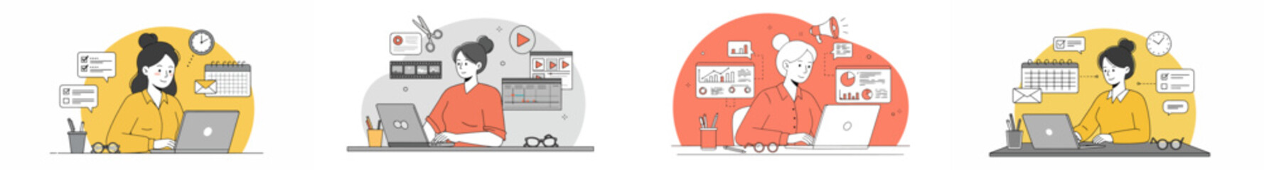 Multi-panel illustration of female professionals working on laptops, desktop computers, and tablets with productivity icons