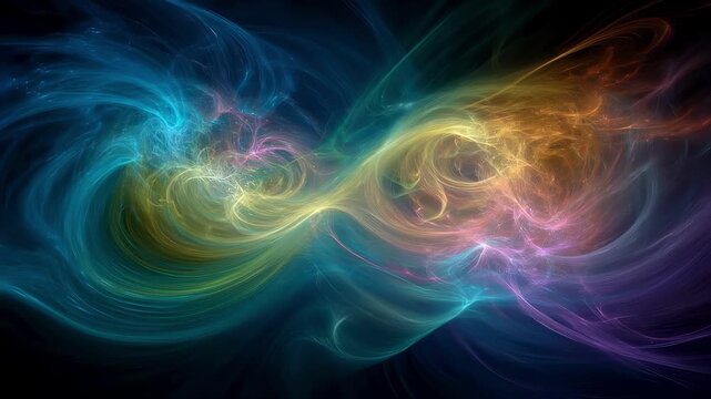 Stunning artistic interpretation of quantum entanglement through intertwined qubit pairs highlighted by ethereal probability clouds. The swirling motifs reflect the uncertainty principle