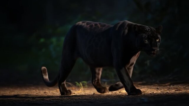 Majestic Black Panther Prowls Through Night Forest