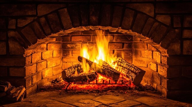 Warm fireplace with burning logs - Powered by Adobe