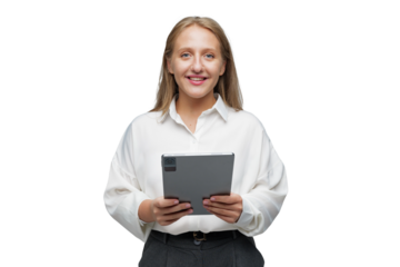 Smiling woman engages with a tablet 