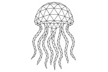 Translucent jellyfish gliding through deep blue waters, displaying geometric patterns with ethereal, minimalist elegance