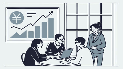 Business Meeting with Yen Symbol and Rising Graph Illustration.