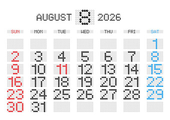 2026年8月の電光掲示板風カレンダー 日曜始まり