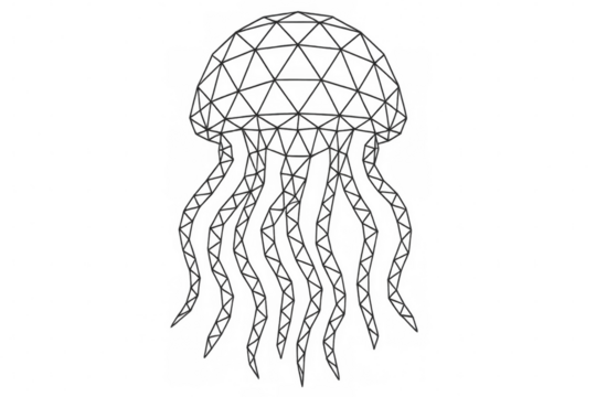 Translucent jellyfish gliding through deep blue waters, displaying geometric patterns with ethereal, minimalist elegance