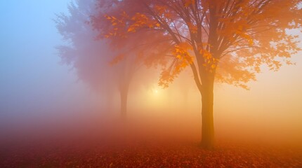 Autumn Fog, Trees, Sunrise
