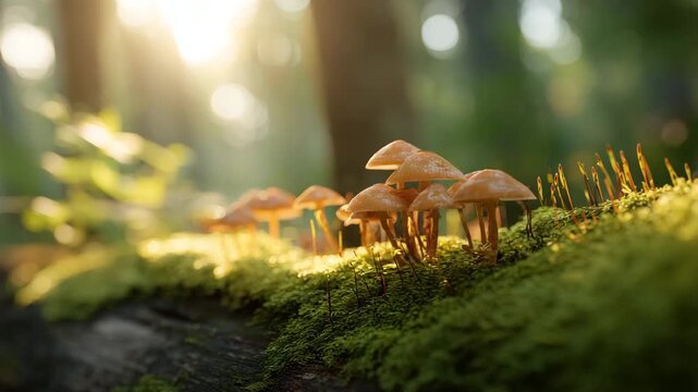 Cluster of small forest mushrooms growing on mossy log in sunlit woodland at dawn
