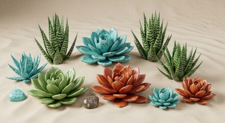 Fototapeta premium Assortment of Colorful Ceramic Succulent Plants on Sandy Surface flower green
