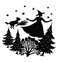 Fototapeta premium A vector silhouette illustration of a fun Halloween witch with a star design for a holiday celebration card