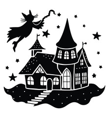 A cartoon vector illustration of a fantasy medieval castle on a hill at night, evoking a winter fairytale village