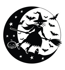 Flying Witch Silhouette – Black and White Halloween Vector Illustration

