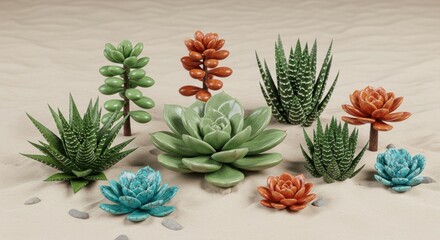 Fototapeta premium Assortment of colorful ceramic succulent plants arranged on a sandy surface flower decorative