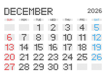 2026年12月の電光掲示板風カレンダー 日曜始まり