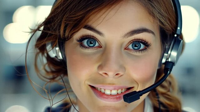 Captivating Customer Service: A close-up shot of a customer service representative, wearing a headset and a genuine smile. The background hints at an active office environment.