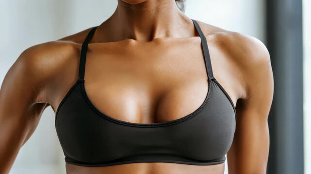 Sport Bra Beauty: A close-up shot of a woman, dressed in a sporty black bra, perfectly highlighting the contours of her fit physique. Focused on form and fitness. 