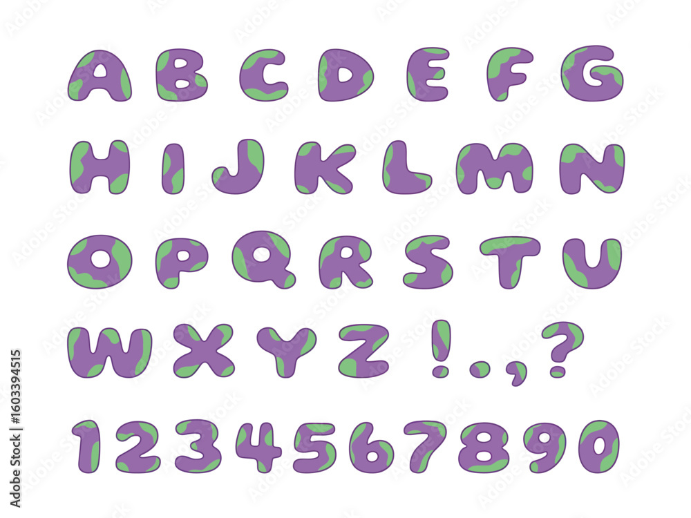Fototapete alphabet chart. complete bubbly alphabet and numbers set with a purple and green camouflagestyle tex