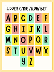 Alphabet Chart. Colorful upper case alphabet chart with bold black letters on pastel pink yellow and green tiles. EPS Editable